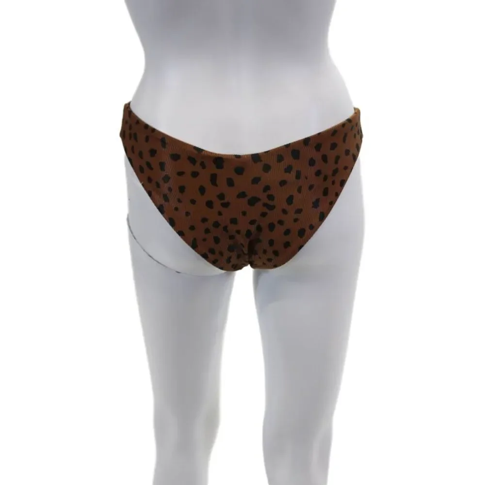 Beach Riot Womens Ribbed Knit Leopard Print Cheeky Bikini Bottoms Brown Size XS